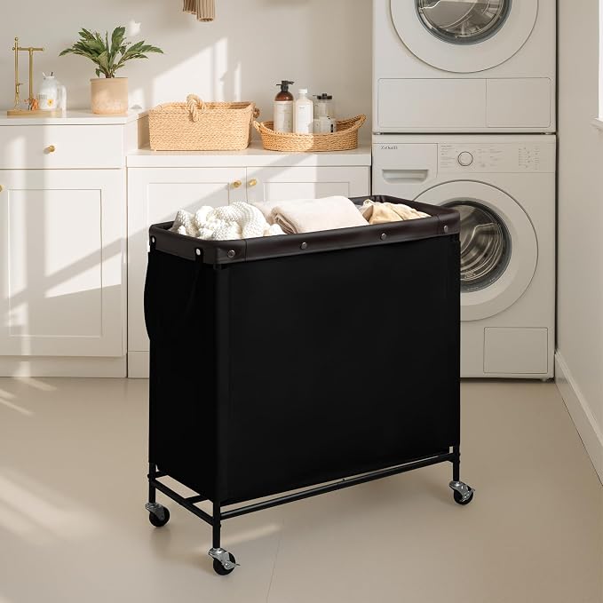 StorageWorks 3 Section Laundry Hamper, 120L Black Sorter Cart with Wheels
