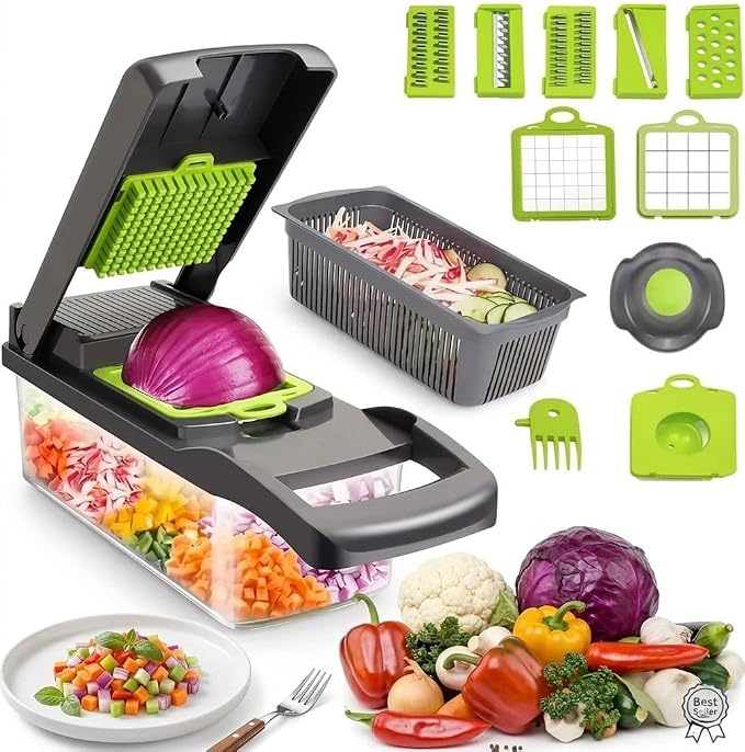 ERCLE's16-in-1 Vegetable Cutter Slicer – Multifunctional Vegetable Chopper with Stainless Steel Blades, Manual Onion Cutter, Food Slicer & Dicer for Kitchen, Salad Maker.