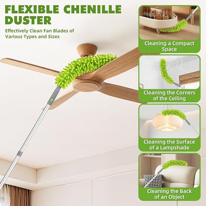 Ceiling Fan Cleaner Duster with 6 Ft/77'' Extendable Handle | Microfiber Chenille Duster for Cleaning Ceiling Fan Blades, Vents, and Hard to Reach High Places