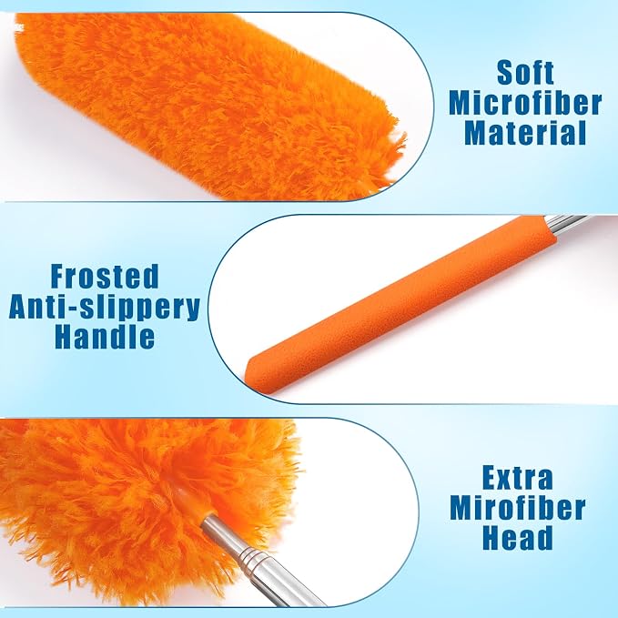 Tanlade 1 Pcs Microfiber Feather Duster for Cleaning, Extendable 13-31 Inch Ceiling Fan Duster with Bendable Head, Washable Tools for Ceiling Fans, Furniture, Car, Cobwebs (Orange)