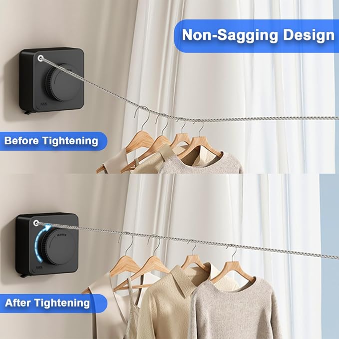 2 Pack Retractable Clothesline Indoor & Outdoor, 16.2Ft Non-Sagging (Black) | Stainless Steel Heavy Duty Design Laundry Wash Line with Wall Mounted, Space-Saving Drying Rack for Bathroom, Balcony