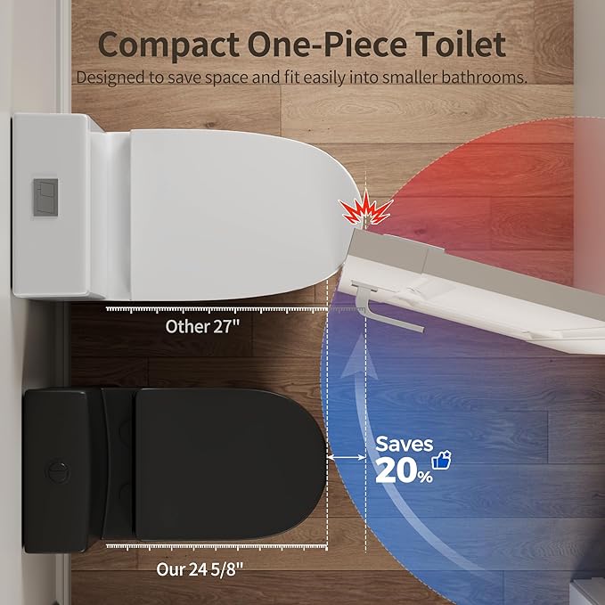 DeerValley Compact One Piece Toilet Standard Seat Height for Small Bathroom Dual Flush 1.1/1.6 GPF Powerful and Quiet 12'' Rough-In Skirted Toilet DV-1F52812B