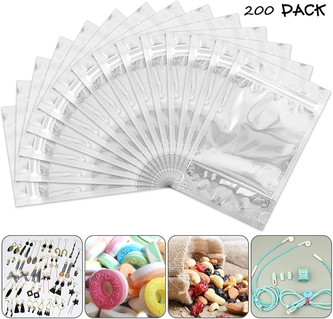 200 Pack 5x8 Mylar Bags with Window Stand Up Bgas 7.5mil Thick for Food Storage and Resealable for Small Business Packaging Bag | 7.5 Mil Thick, Food Storage, Resealable Closure, Small Business Packaging, Upright Base, Viewing Panel