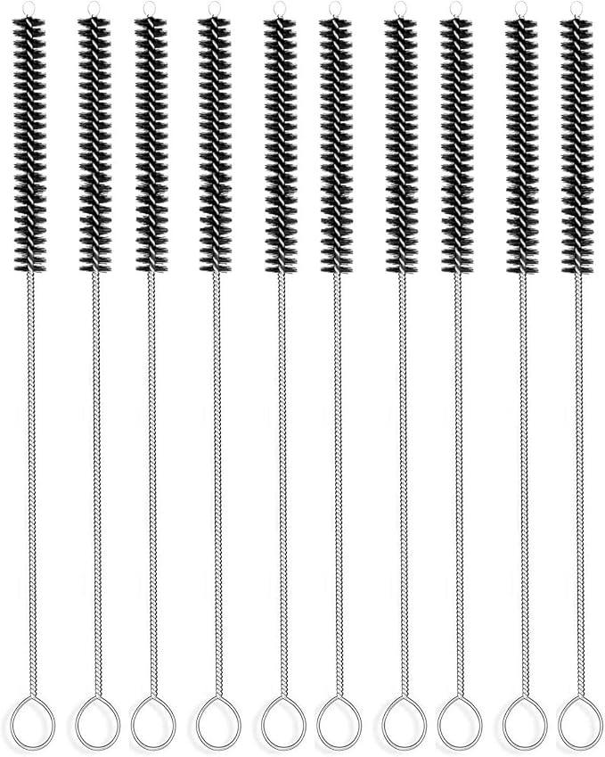Long Straw Brush Cleaner (10 Pack), Flexible Nylon Tube Cleaning Brushes with 0.4" Bristles, Rust-Proof Stainless Steel Wire Washer for Reusable Tumblers, Sports Bottles & Pipes (10 Inch)