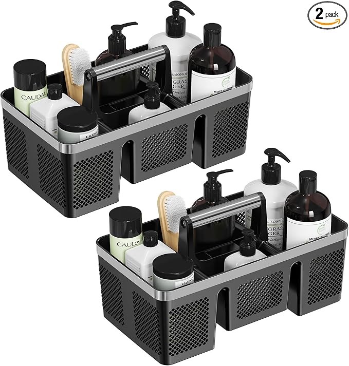 BYUNER 2Pack Plastic Shower Caddy: Portable Hard Bathroom Basket Tote with Handle, 4 Divided Compartments, All-Side Drainage, Non-Mesh Shower & Cleaning Caddy Organizer for College Dorm, Black/Silver