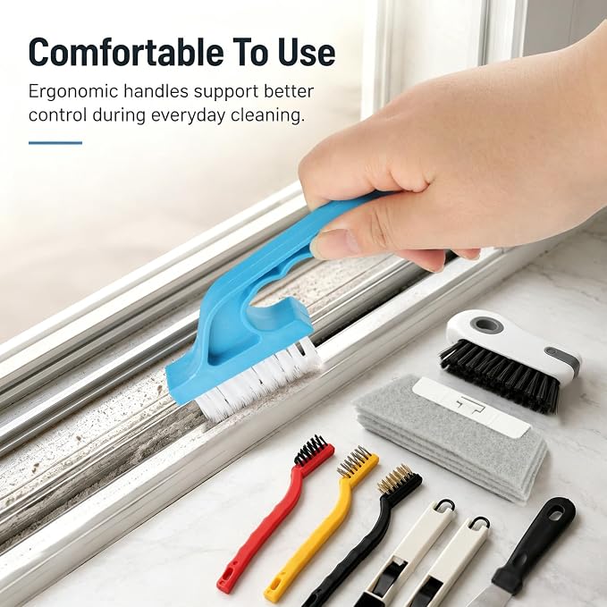 13 Pcs Window Track Cleaning Tools Set, Multifunctional Window Groove Cleaning Brush Kit, Hard Bristle for Sliding Door, Sill, Tile Lines, Shutter, Corner, Grout, Sink