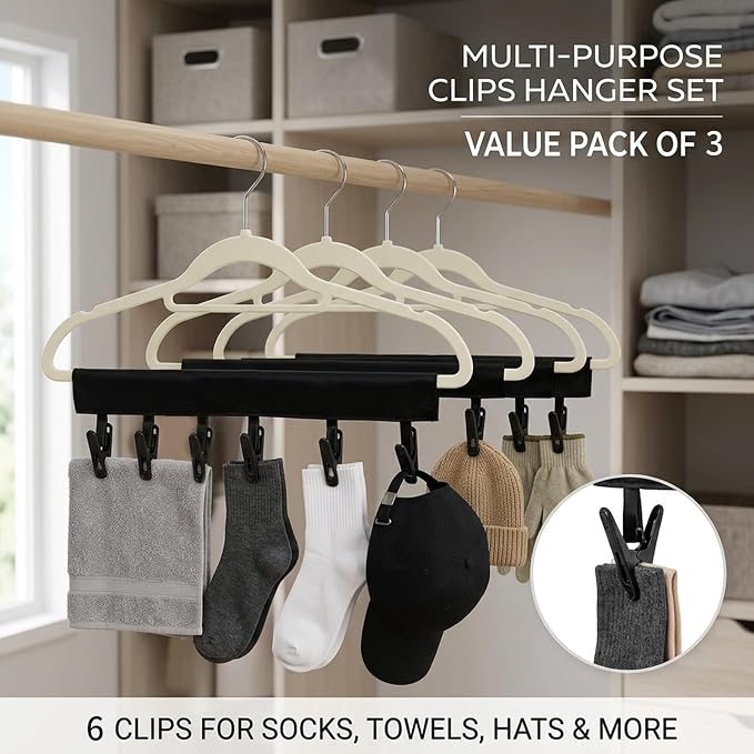 Mini Clothespins Travel Hangers 3 Pack All Black, Foldable Portable Clothes Hangers with 6 Non-Slip Clips for Socks Swimsuit Towel Drying, Ideal for Cruise Dorm Camping Travel Essentials