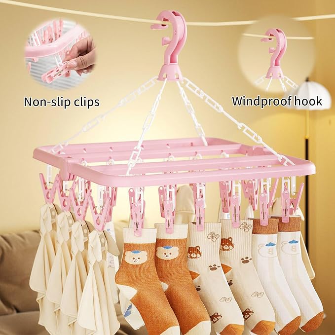 Laundry Drying Rack with 32 Clips, Foldable, Light Green