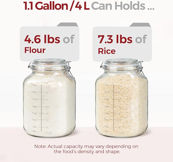 Large Glass Jars with Airtight Lids 1.1 Gallon 2 Pack Flour Jar | Wide Mouth, Scoop Included, Flour Sugar Storage Containers,Baking Supplies,Leak Proof,BPA-Free,Pantry Organization, Pickling