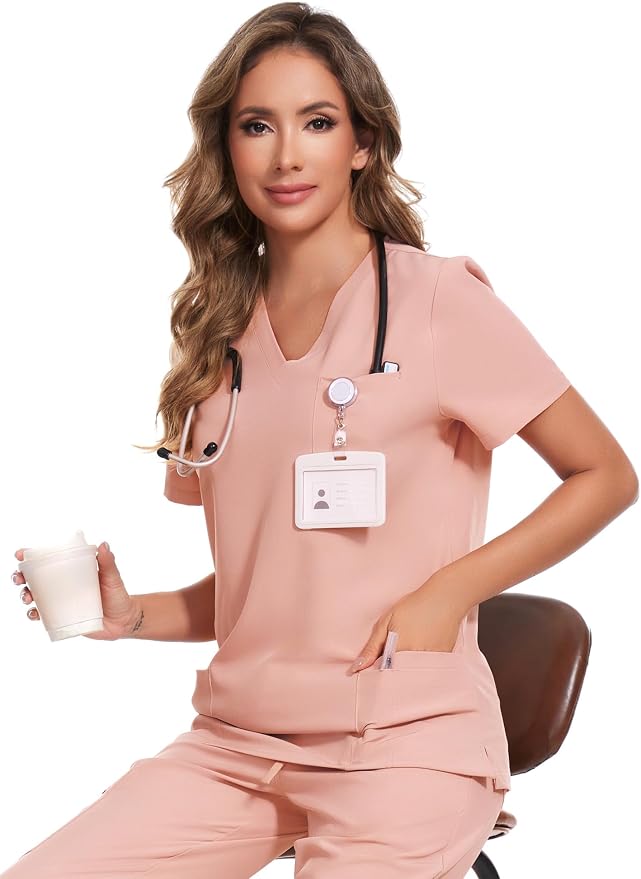 Scrubs Tops for Woman - Soft Stretch, V-Neck Tops | 3 Pockets, Side Split Design, Short Sleeve, Breathable & Lightweight Nursing Shirt, Easy-Care Fabric for All-Day Comfort