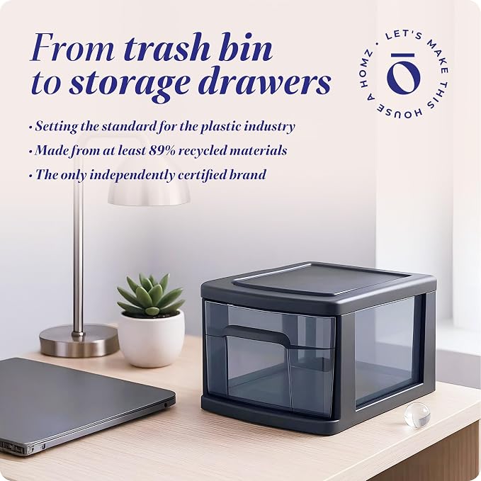 HOMZ 1 Drawer Storage Cart, Medium Plastic Container, Black Frame, 2 Pack | 14.25" Wide Medium Tote with 1 Smoke Tint Drawer for Organizing Bathrooms, Bedrooms, Home Offices, Closets, and Dorm Rooms