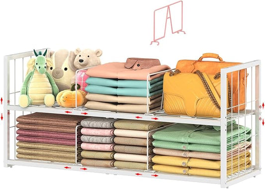 Hongtamoya Stackable Closet Storage Shelf with Adjustable Divider | Closet Organizer and Storage Container for Clothe, Jean Pant Shirt Sweater Purse Shoe, Use in Bedroom RV Closet System, White