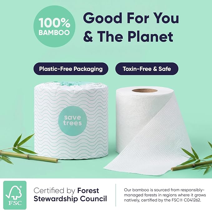 Save Trees Bamboo Toilet Paper -24 Rolls Of Septic Safe Organic Toilet Paper 3-ply, 300 Sheets Per Roll - PFAs Free, FSC Certified, Plastic & Chemical Free - For Home, Boat & RV Use