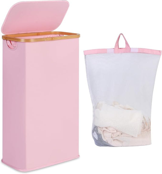 iEGrow 65L Slim Laundry Hamper, Narrow Laundry Basket with Lid,Foldable Clothes Hamper with Bamboo Handles,Hamper Basket with Removable Inner Bag for Laundry Room Bedroom College Dorm,17.17 Gals Pink