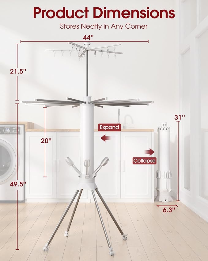 Sakugi Foldable Clothes Drying Rack with 12 Steel Arms, Clips & Shoe Holder | Laundry Room, Bedroom, Outdoor & Indoor Use, Collapsible, Reinforced Frame, 4 Leg Stable Base, White, 44"D x 44"W x 71"H