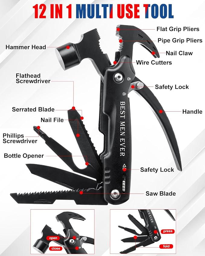 BIBURY Gifts for Men, 12 in 1 Multitool Hammer with 18 in 1 Snowflake Tool | Camping Essentials Survival Gear Tool, Safety Lock, Pocket Knife, Gifts for Men Him Dad, Cool Gadgets for Husband Boyfriend