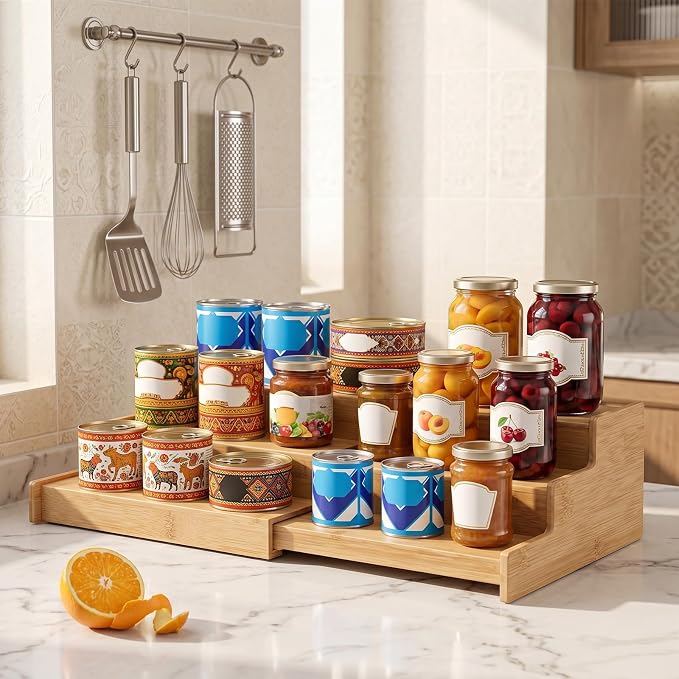 3-Tier Expandable Bamboo Can Rack Organizer for Kitchen Pantry,Expands in Width 13 to 22.8 Inches,for Cans,Spice Jars & Snacks,22 lb Easy-View Cabinet Countertop Shelf