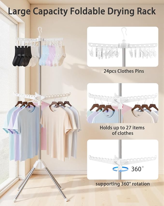 Foldable Clothes Drying Rack, 2 Tier Portable Laundry Drying Rack | 67" Drying Rack, Rotating Clothes Rail with 24 Clips and 3 Rotatable Arms, Flats, Small Rooms, Dorm