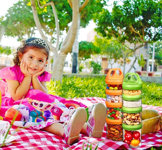 SELEWARE Stackable Snack Containers for Kids Toddlers Adults, Green Orange | Portable Food Storage Containers for Snacks Formula Powder Drinks and Travel, Twist Lock System Airtight Leak-proof BPA Free