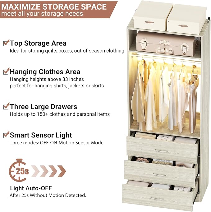 Besiost 8FT Closet System with 4 Motion Sensor LED Lights, 96" Closet Systems with 12 Drawers, Closet Organizer System with 4 Hanging Rods & 4 Shelves, Heavy Duty 96 Inch Walk-in Closet, White Oak