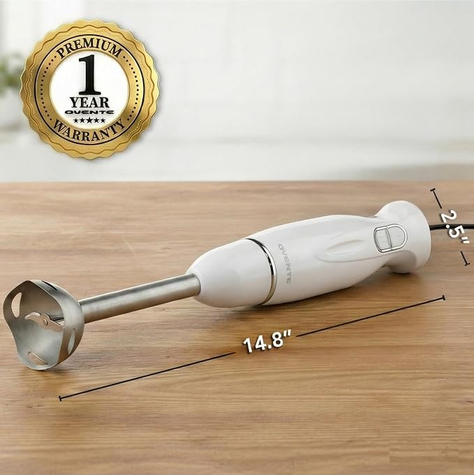 OVENTE Immersion Hand Blender, 300W Electric Handheld Stick Mixer with 2 Mixing Speeds and Stainless Steel Blades for Smoothies, Purees & Baby Food, White HS560W