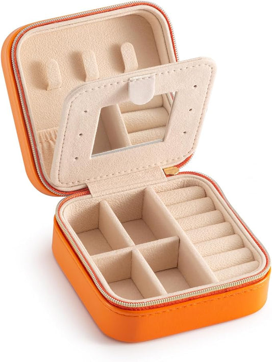 TRODANCE Jewelry Travel Case with Mirror,Small Travel Jewelry Organizer, Portable Jewelry Box Travel Mini Organizer Portable Display Storage Box for Rings Earrings Necklaces (Orange)