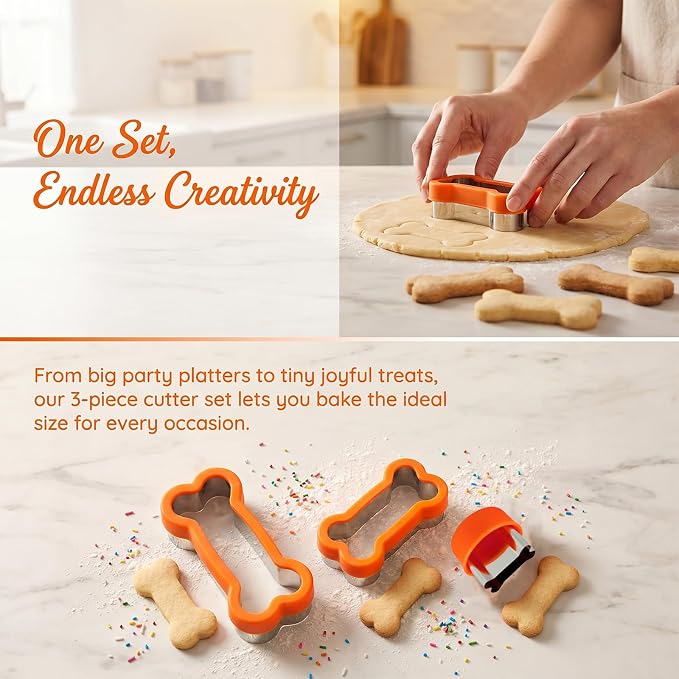 3 Pcs Dog Bone Cookie Cutter Set – Large 4.45", Small 2.95", Mini 1.53" – Stainless Steel Dog Treat Molds, Biscuit Cutters for Homemade Pet Snacks with Protective Plastic Lid
