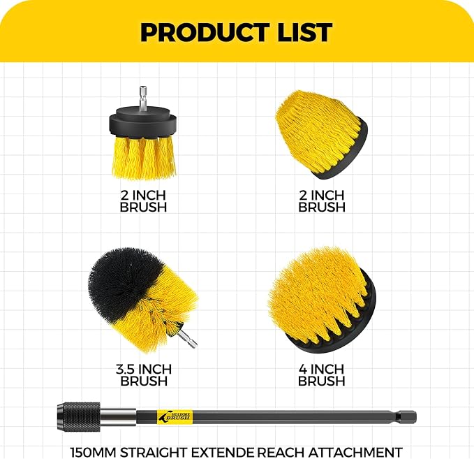 Holikme 5Pack Drill Brush Attachment Set，Power Scrubber Brush Extended Long Attachment for Bathroom Surfaces, Grout, Floors, bathtubs, Showers, Tiles, Kitchens and Cars，Yellow