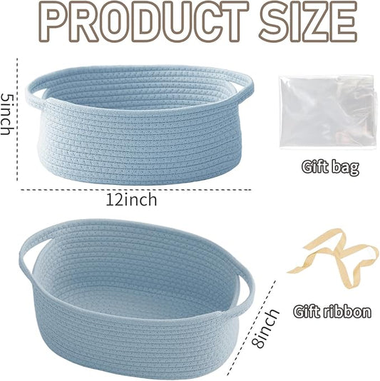 JMvicyroam Woven Basket,Small Rope Storage Bin with Handles & Ribbon Bag, Organizer for Shelves Closets,Gift Basket Empty for Birthday,Books,Dog Toys, Blue