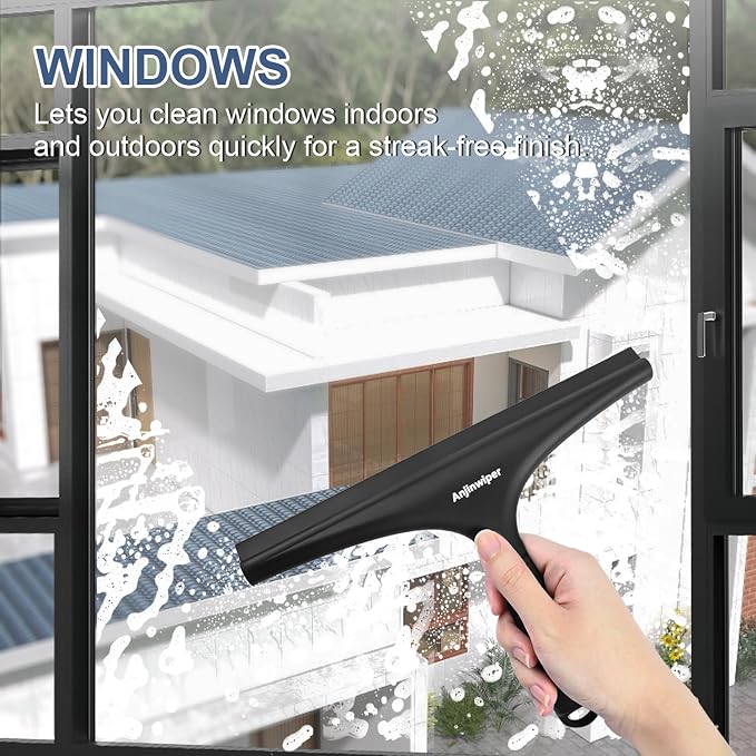 Shower Squeegee for Glass Doors, 10 Inch Bathroom Squeegee for Shower Glass | Silicone Glass Squeegee for Tile Shower Walls, Windows, Mirror, Car Cleaning - Ergonomic Streak free Squeegees, Adhesive Hook