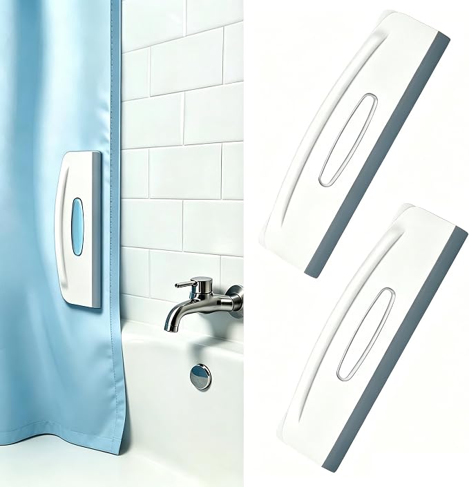 Shower Squeegee and Liner Holder, Adhesive Wall Mount for Glass, Pack of 2 | 2-in-1 squeegee & liner holder. Stops water splash, keeps curtain from blowing. No-drill adhesive mount for glass/tile. 2pk