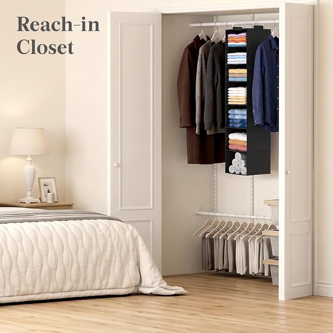 Lifewit 7 Tier Hanging Closet Organizer and Storage for Shelves, 1 Pack Foldable Clothes Shelf with 2 Sturdy Hooks, Sweater/Coat/Shoes Clothing Organization for Wardrobe, Dorm, Bedroom, Black