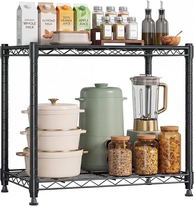 NEWBULIG 2-Tier Metal Wire Storage Shelves, Adjustable Heavy Duty Steel Shelving Unit, Freestanding Storage Rack Organizer for Kitchen, Pantry, Garage, Bathroom, 23.2" W x 13.4" D x 21.7" H, Black