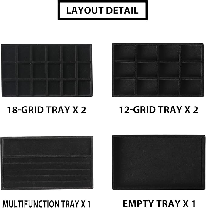 Frebeauty Jewelry Trays for Drawer,Set of 6 Jewelry Organizer and Storage | Velvet Material,Earring Holder Organizer,Stackable Jewelry Display for Vanity,Drawer Inserts for Rings,Studs,8.3×4.9 inch