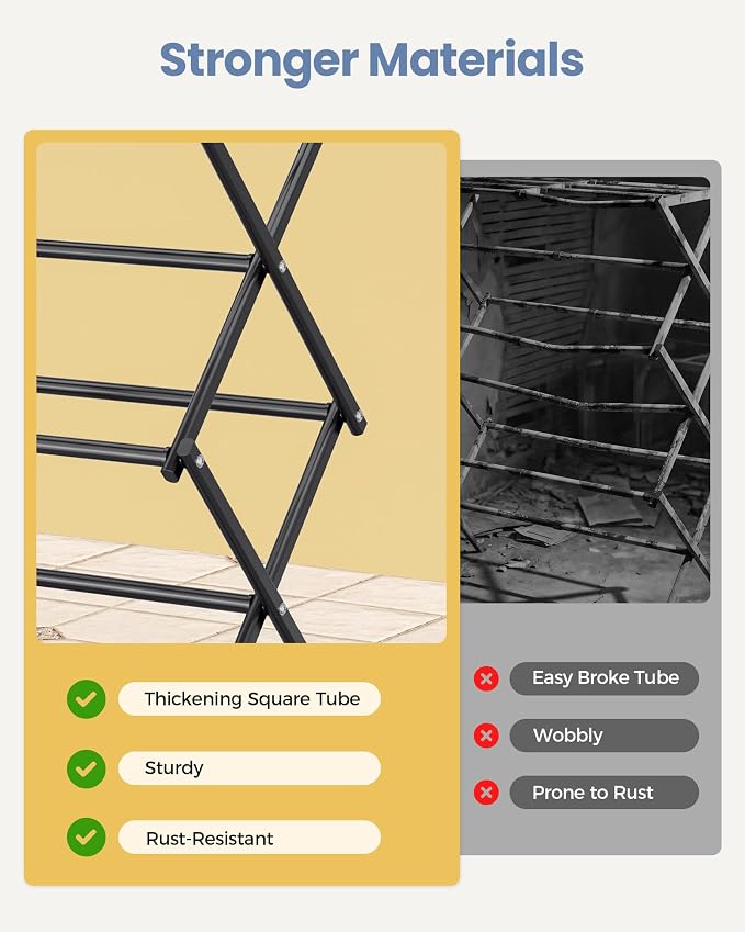 APEXCHASER Oversize 3-Tier Clothes Drying Rack, No Install, Black | Expandable Design, Non-slip feet, Tool-free Setup, Rust Prevention, Sturdy Construction, 14.9" D x 29.3" W, Holds 24lbs
