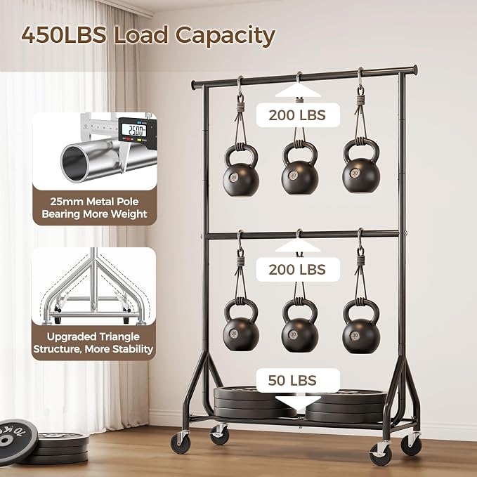 HYSEYY Heavy Duty Clothes Rack, Double Rod Clothing Rack for Hanging Clothes, Rolling Garment Rack, Adjustable Freestanding Wardrobe Closet Coat Rack for Bedroom Laundry Living Room, Black