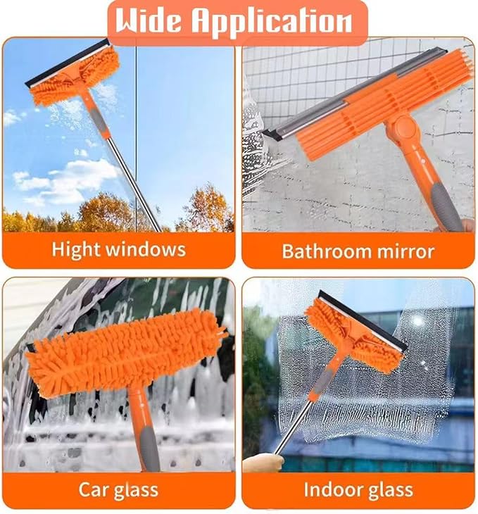68'' Window Squeegee Cleaner Kit - 2-in-1 Rotatable Window Cleaning Tool with Extension Pole, Professional Streak-Free Squeegee with Bendable Head for Indoor/Outdoor Windows Car Glass (Orange)
