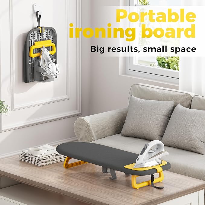 KINGBOARD Small Ironing Board with Iron Holder,12x32 Black & Orange | Tabletop Ironing Board with Heat Resistant Cover, Foldable Mini Iron Board with Non-Slip Feet, Easy Storage for Travel & Dorm