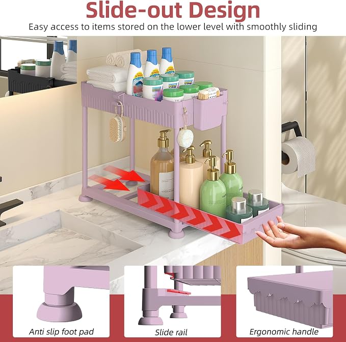 Sevenblue Under Sink Organizer, Bathroom Organizers and Storage, 2 Tier Multi-Use Pull Out Cabinet Organizer with Hang Hooks and Cups (Pink, 14.8 Inch)
