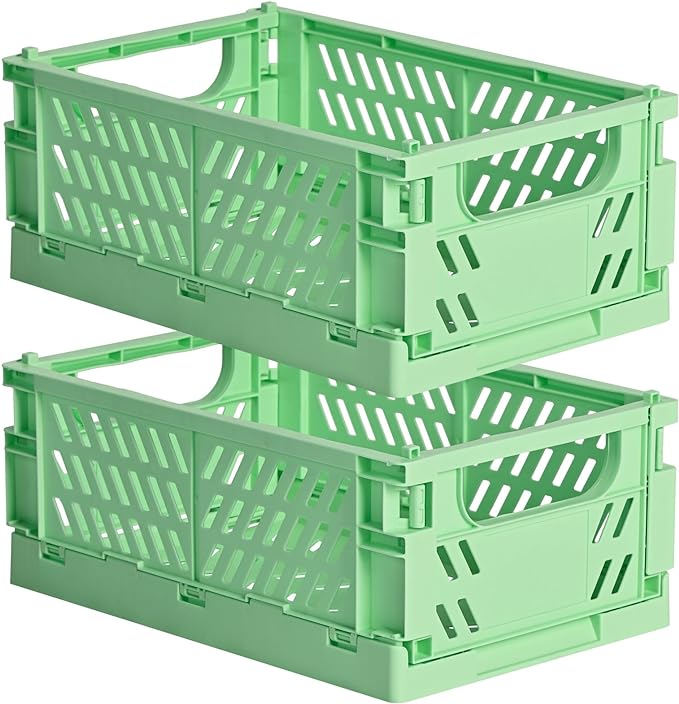 HUUSMOT 2-Pack Collapsible Plastic Storage Baskets, Green, 9.8"x6.5"x3.8" | Pastel, Space-Saving, Collapsible Plastic Bins, Cute Mini Storage Crates, for Classroom, Kitchen, Office, Bedroom