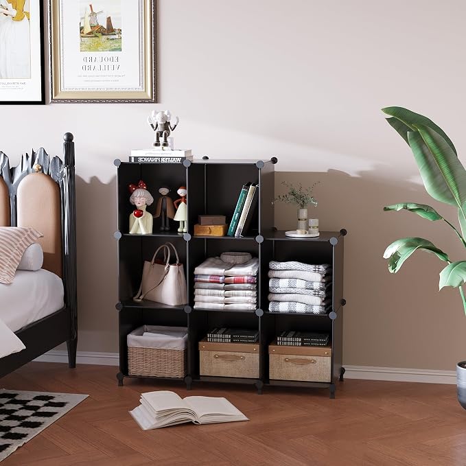 AWTATOS 8 Cube Storage Organizer, Closet Organizer Storage Shelf, Black | DIY Stackable Storage Cubes Shelves for Closet, Bookcase Bookshelf, Plastic Shelving for Bedroom, Home Office