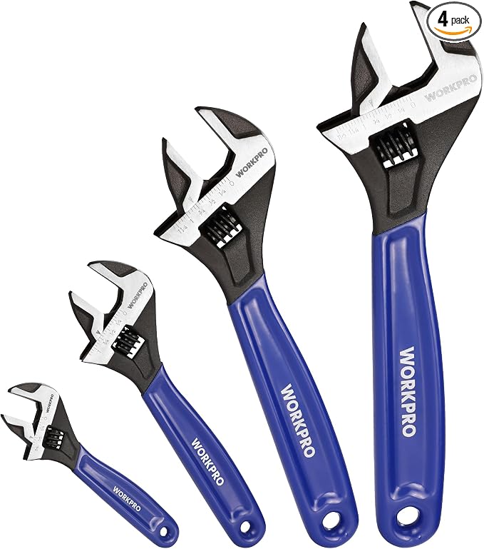WORKPRO 4 PCS Adjustable Wrench Set, 6", 8", 10" & 12" Wide Jaw Wrenches | Cr-V Steel Wrenches with Black Oxide Finish, Metric & SAE Scales for Home, Garage and Workshop Use