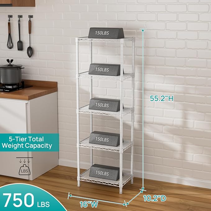 SINGAYE Small Wire 5 Adjustable Shelves Pantry Metal Shelf Floor Organizer | Armoire Adjustable Floor Kitchen Narrow Organizer Rack Shelving Short Square Stackable Standing Storage Tier Under Unit