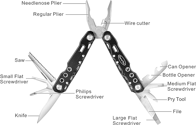 Multitool Pliers Pocket Knife, 14 in 1 Multi Tool Knife Pliers Saw Bottle Opener Safety Lock Nylon Sheath, Camping Hiking Gear Multitool for Camping Survival Hiking DIY, Gifts for Men Dad