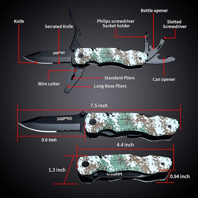 SIUPRO Multitool Pocket Knife Set for Men, Camo | Multipurpose 9-in-1 screwdriver kit, Multi Tool Pliers for Camping, Survival with Nylon Sheath, Gifts Idea