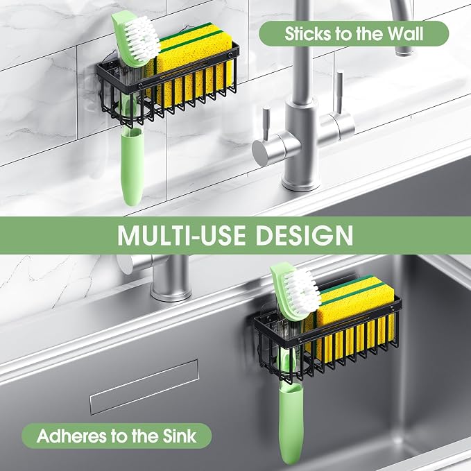 Expandable Kitchen Sink Caddy, Strong Adhesive Mount Detachable Sponge Holder for Kitchen & Bathroom Sink with Extra Suction Cups, Holds Sponges, Dish Brushes, Scrubbing Pads - Black