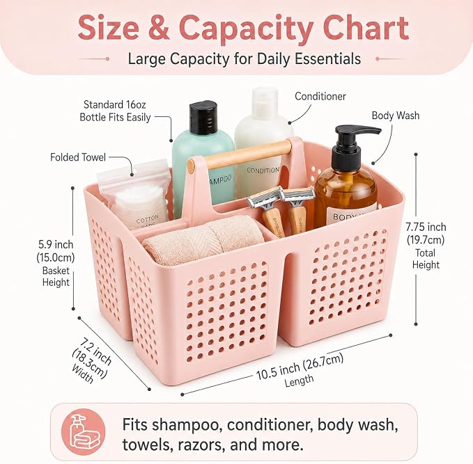 Portable Shower Caddy Basket with Wood Handle, 3-Compartment Bathroom Organizer Tote with Drain Holes, Plastic Shower Basket for Dorm, Toiletries, Cleaning Supplies, Pink
