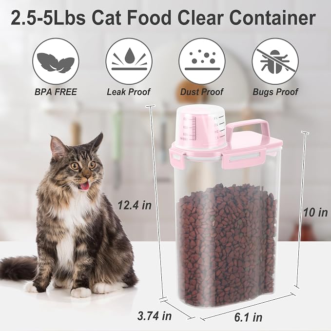 Dog Cat Food Storage Container, Pet Food Pourable Container Airtight with Large Spout & Cup, BPA-Free Plastic Food Dispenser for Pet Food, Bird Seed, Rice, Flour (Pink, 2.5L (2 pack))