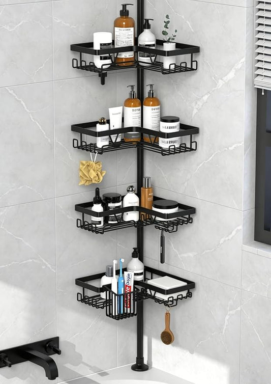 KEGII Corner Shower Caddy Tension Pole with Toothbrush Holder | Adjustable Shower Organizer with Soap Holder and Hooks, No Drilling Rustproof Bathroom Shelf Storage Rack, Fits 25-114.2 Inch