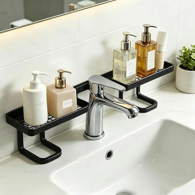 Over Sink Faucet Storage Rack, No Drill Free Standing Faucet Organizer Shelf with Drainage Design, Space Saving Countertop Storage for Kitchen and Bathroom (Black)